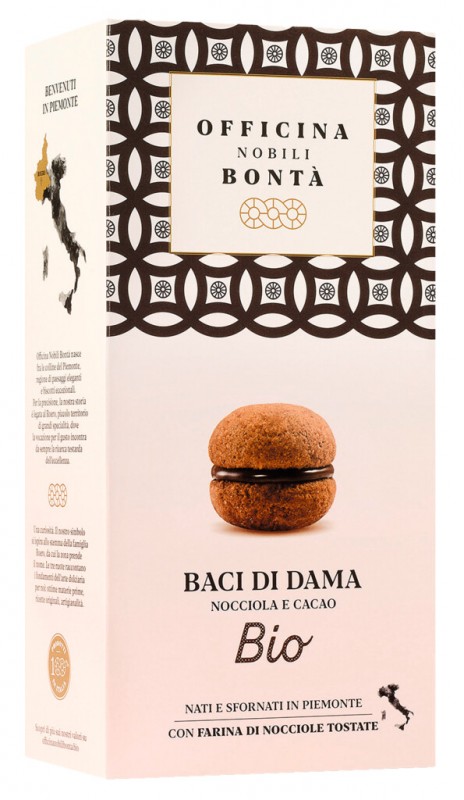 Baci di Dama nocciola e cacao, Bio, Haselnuss Doppelkeks mit Schokoladenfüllung, Bio, Officina Nobili Bontà - 180 g - Packung