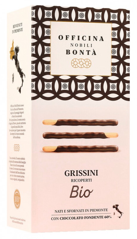 Grissini Ricoperti, Bio, Grissini mit Schokolade überzogen, Bio, Officina Nobili Bontà - 150 g - Packung