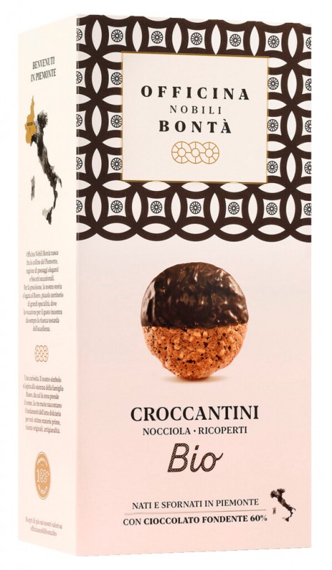 Croccantini nocciola ricoperti, biologico, biscotto alla nocciola ricoperto di cioccolato, biologico, Officina Nobili Bonta - 170 g - pacchetto