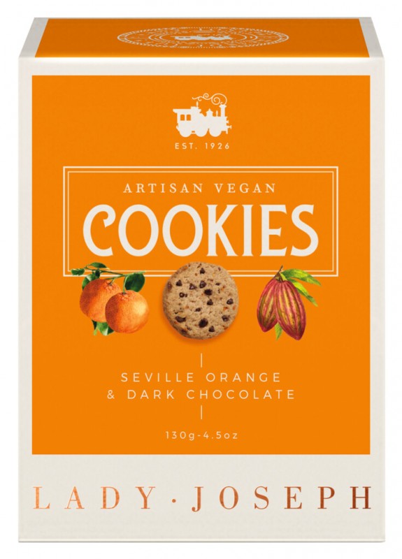 Cookies Seville Orange and Dark Chocolate, Gebäck mit Orange und Zartbitterschokolade, vegan, Lady Joseph - 130 g - Packung