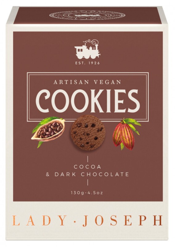 Cookies Cocoa and Dark Chocolate, Gebäck mit Kakao und Zartbitterschokolade, vegan, Lady Joseph - 130 g - Packung