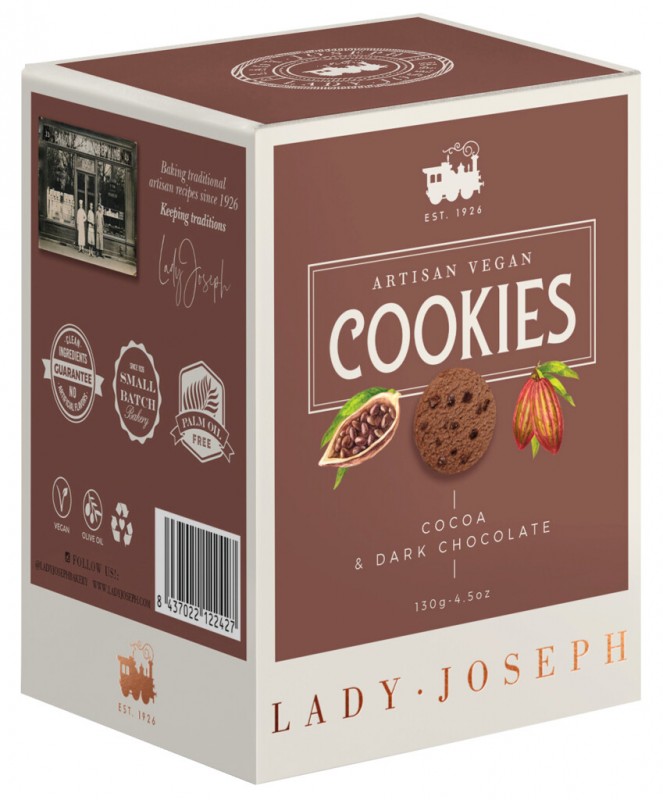 Cookies Cocoa and Dark Chocolate, Gebäck mit Kakao und Zartbitterschokolade, vegan, Lady Joseph - 130 g - Packung