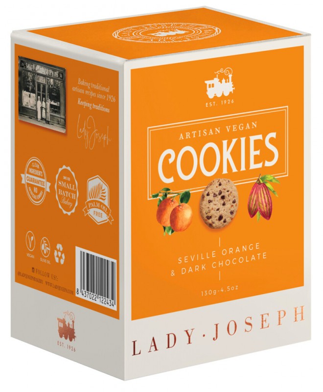 Cookies Seville Orange and Dark Chocolate, Gebäck mit Orange und Zartbitterschokolade, vegan, Lady Joseph - 130 g - Packung