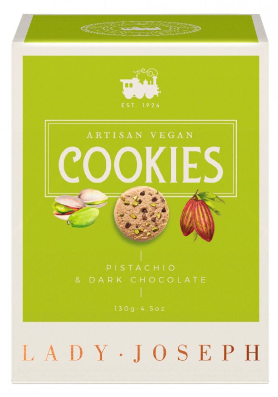 Cookies Pistachio and Dark Chocolate, Gebäck mit Pistazien u. Zartbitterschokolade,vegan, Lady Joseph - 130 g - Packung