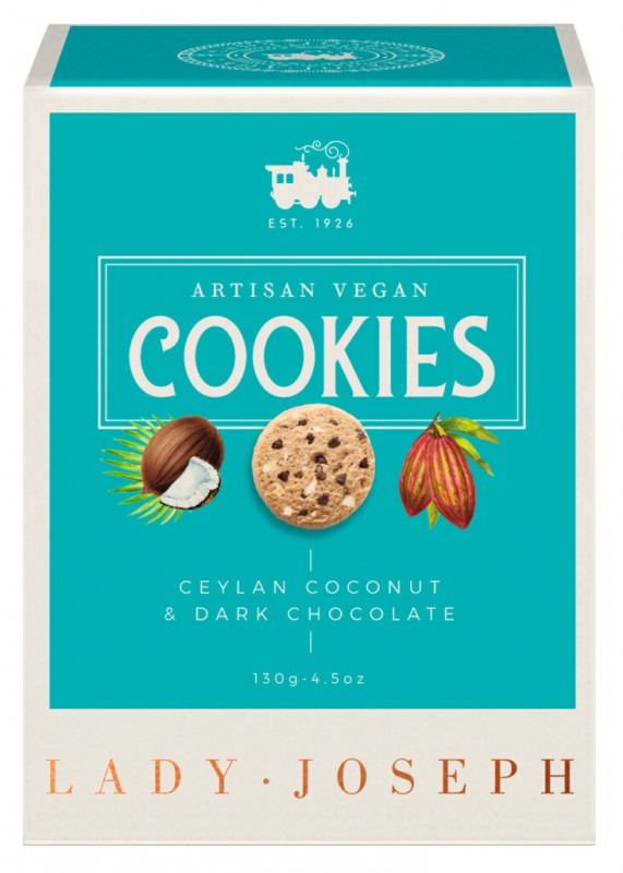 Cookies Ceylan Coconut and Dark Chocolate, Gebäck mit Kokosnuss u. Zartbitterschokolade,vegan, Lady Joseph - 130 g - Packung