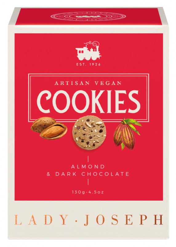 Cookies Almond and Dark Chocolate, Gebäck mit Mandeln u. Zartbitterschokolade, vegan, Lady Joseph - 130 g - Packung