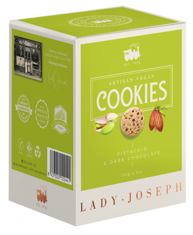 Cookies Pistachio and Dark Chocolate, Gebäck mit Pistazien u. Zartbitterschokolade,vegan, Lady Joseph - 130 g - Packung