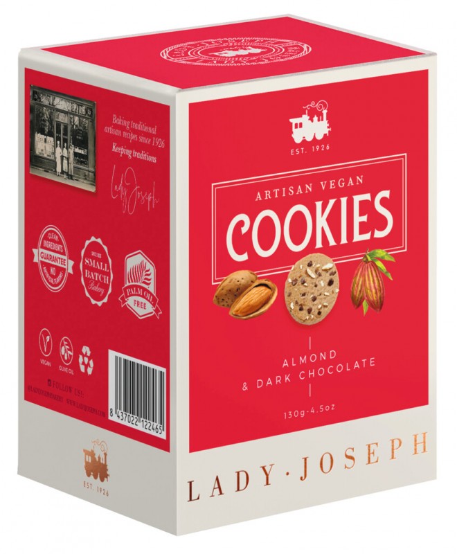 Cookies Almond and Dark Chocolate, Gebäck mit Mandeln u. Zartbitterschokolade, vegan, Lady Joseph - 130 g - Packung