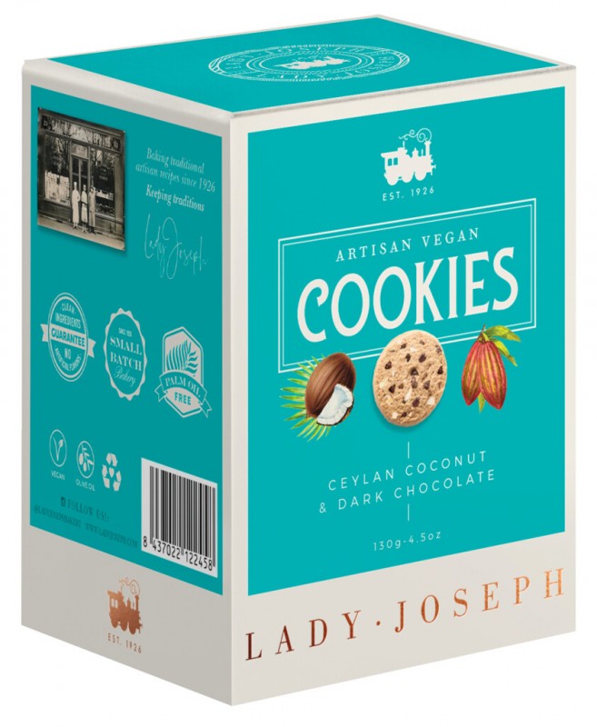 Cookies Ceylan Coconut and Dark Chocolate, Gebäck mit Kokosnuss u. Zartbitterschokolade,vegan, Lady Joseph - 130 g - Packung