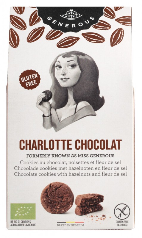 Charlotte Chocolat, biologisch, glutenvrij, chocoladekoekjes met hazelnoten, glutenvrij, biologisch, genereus - 100g - pak