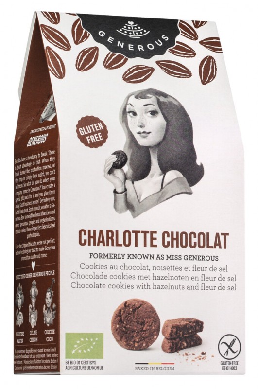 Charlotte Chocolat, biologisch, glutenvrij, chocoladekoekjes met hazelnoten, glutenvrij, biologisch, genereus - 100g - pak