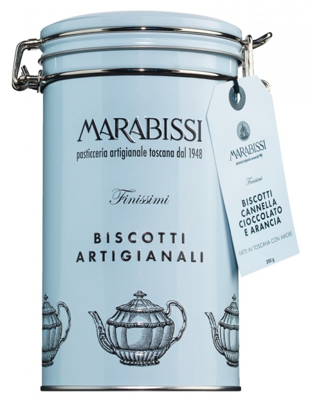 Biscotti cioccolato, cannella e arancia, Azzurro, biscuits with chocolate, cinnamon and orange, Pasticceria Marabissi - 200 g - can