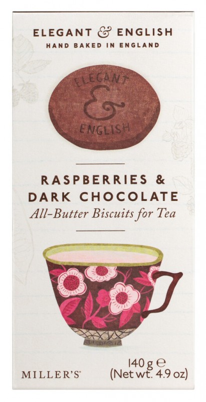 Framboesas Elegantes e Inglesas + Chocolate Amargo, biscoitos amanteigados com framboesas e chocolate amargo, Miller`s - 140g - pacote