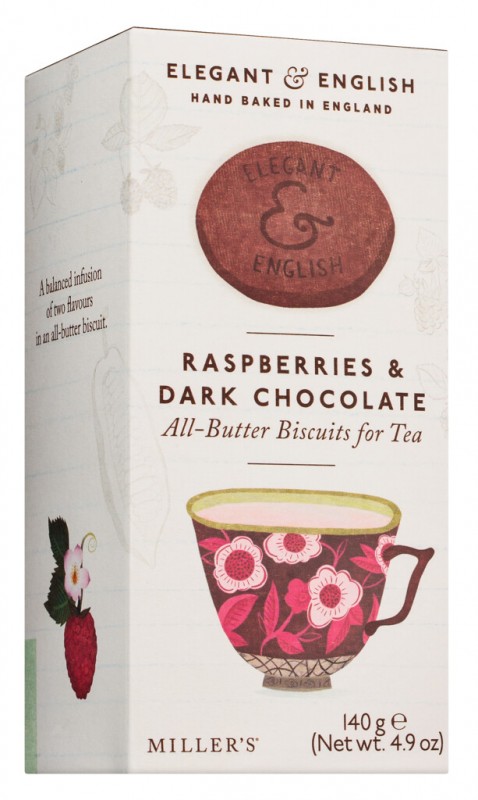 Framboesas Elegantes e Inglesas + Chocolate Amargo, biscoitos amanteigados com framboesas e chocolate amargo, Miller`s - 140g - pacote