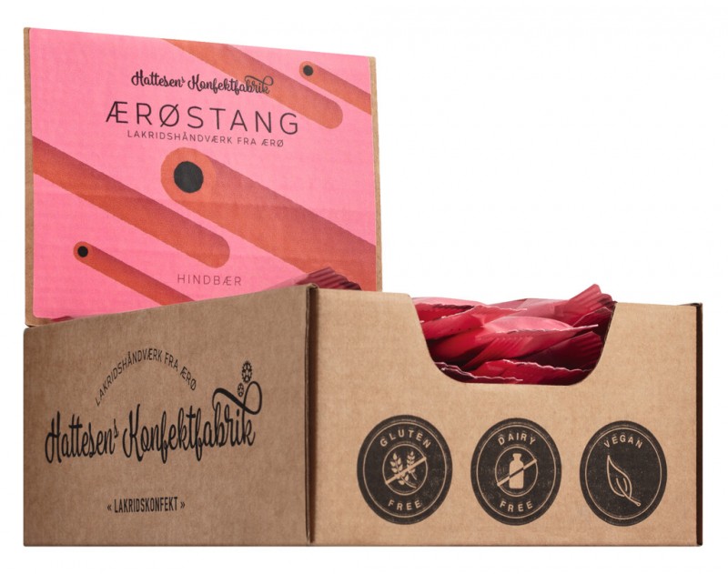 Aerostang avec presentoir a saveur de framboise, confiserie a la reglisse et a la framboise, Hattesens Konfektfabrik - 20x27g - afficher