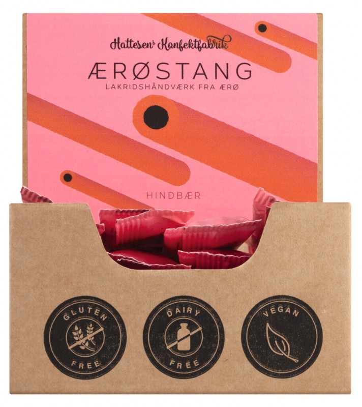 Aerostang avec presentoir a saveur de framboise, confiserie a la reglisse et a la framboise, Hattesens Konfektfabrik - 20x27g - afficher