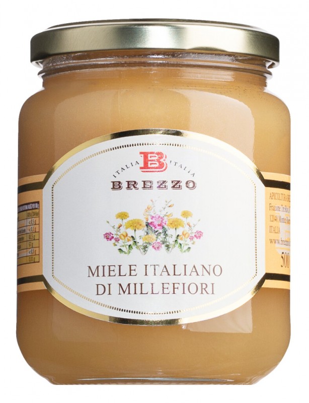 Miele Italiano di Millefiori, duizendbloemenhoning, Apicoltura Brezzo - 500g - Glas