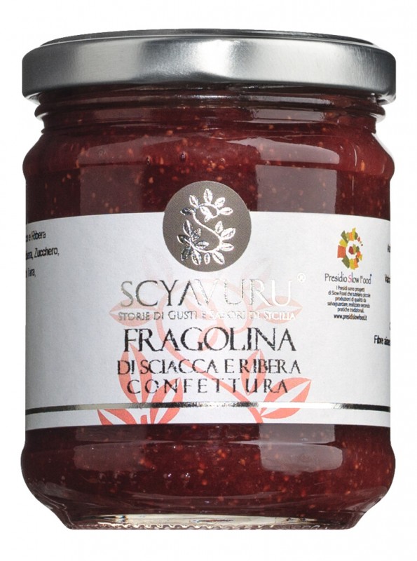 Confettura di Fragolina di sciacca e ribera, spread van wilde aardbeienfruit, Scyavuru - 220g - Glas