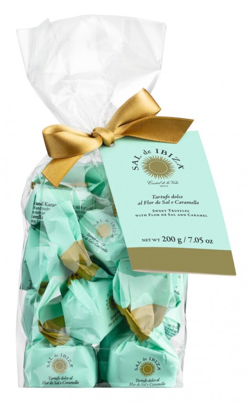 Tartufi dolci Flor de Sal e Caramello Salato, Praline mit weißer Schokolade und Salzkaramell, Sal de Ibiza - 200 g - Beutel