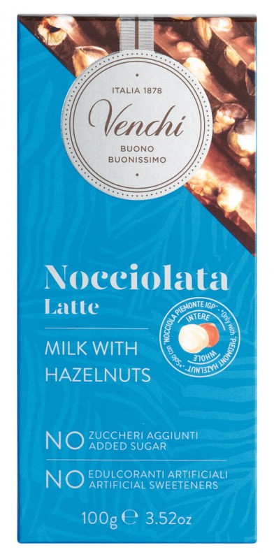 Milk Chocolate Hazelnut Bar, no added sugar, Milch-Haselnuss-Schokolade, ohne Zuckerzusatz, Venchi - 100 g - Stück