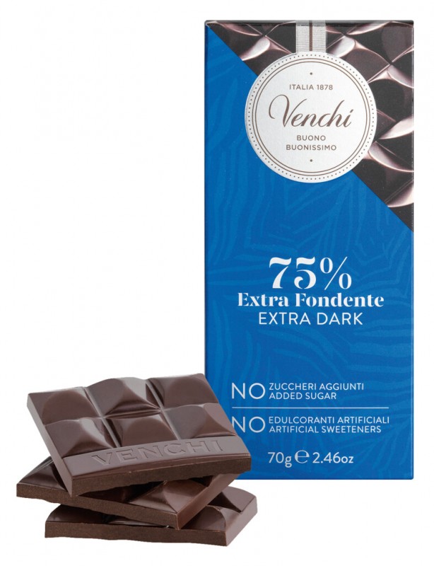 Extra Dark Chocolate Bar, no added sugar, Zartbitterschokolade Extra, ohne Zuckerzusatz, Venchi - 70 g - Stück