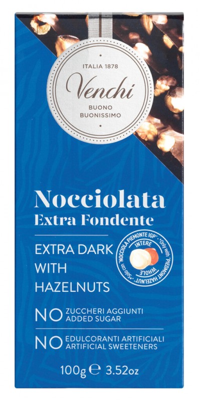 Dark Chocolate Hazelnut Bar, no added sugar, Zartbitter-Haselnuss-Schokolade, ohne Zuckerzusatz, Venchi - 100 g - Stück