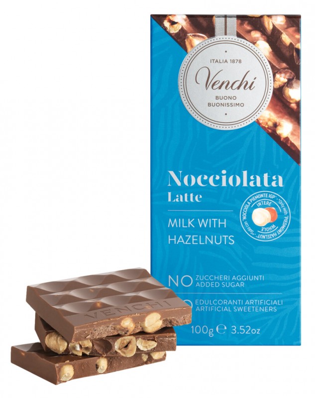 Milk Chocolate Hazelnut Bar, no added sugar, Milch-Haselnuss-Schokolade, ohne Zuckerzusatz, Venchi - 100 g - Stück