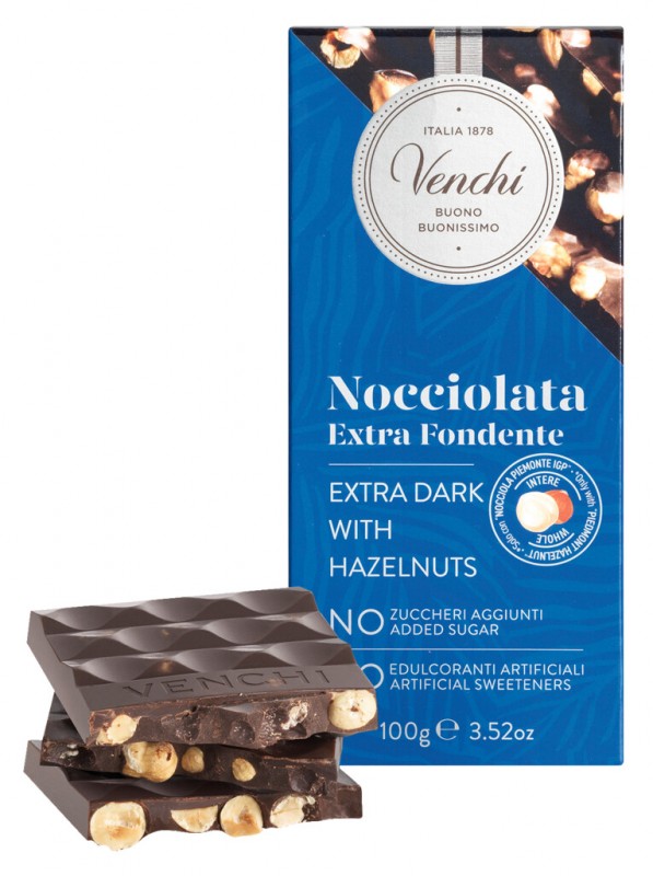 Dark Chocolate Hazelnut Bar, no added sugar, Zartbitter-Haselnuss-Schokolade, ohne Zuckerzusatz, Venchi - 100 g - Stück