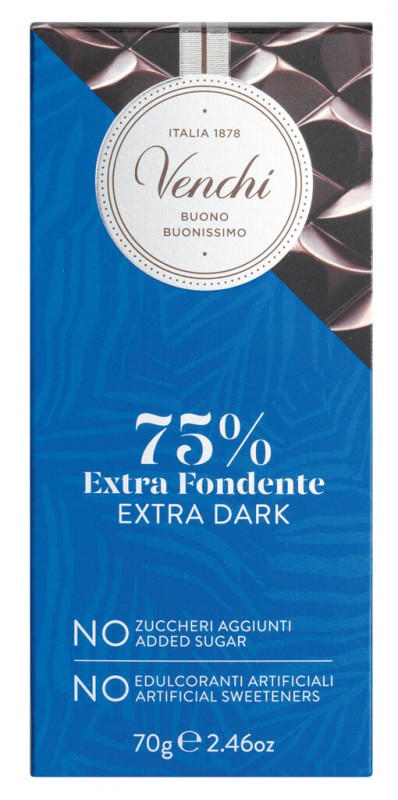 Barra de chocolate extra amargo, sem adicao de acucar, chocolate extra amargo, sem adicao de acucar, Venchi - 70g - Pedaco