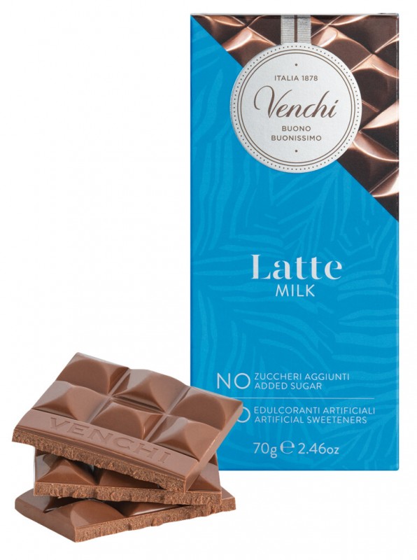 Barra de leche, sin azucares anadidos, chocolate con leche, sin azucar, Venchi - 70g - Pedazo