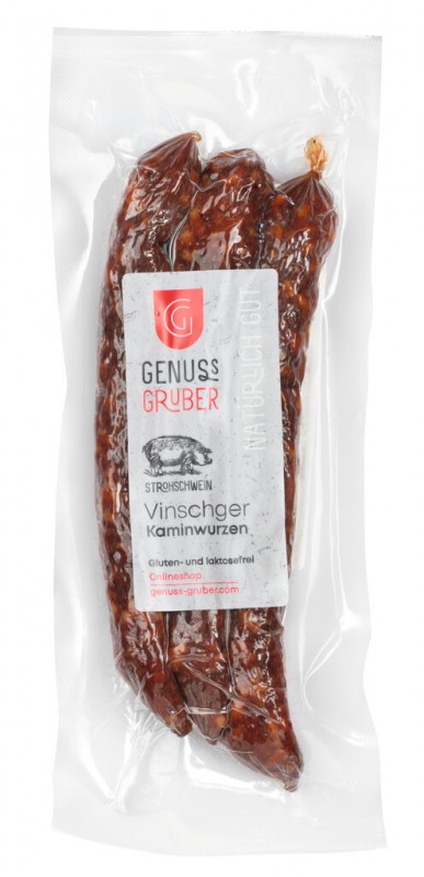 Vinschger Kaminwurzen, 3 Kaminwurzen aus Fleisch vom Strohschwein, Genuss Gruber - 165 g - Packung