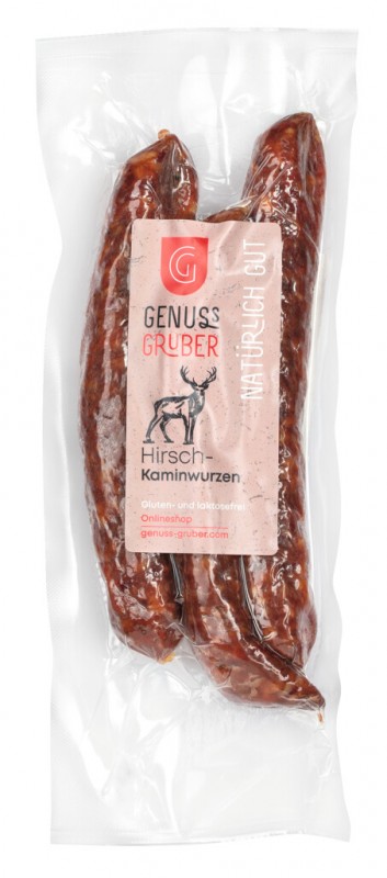 Hirsch Kaminwurzen, 3 Kaminwurzen met hert en varkensvlees, Genuss Gruber - 165g - pak