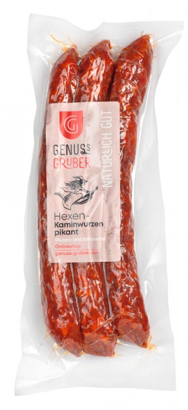 Witches` Kaminwurzen, spicy, 3 Kaminwurzen made from meat from straw-fed pigs, spicy, Genuss Gruber - 165 g - pack