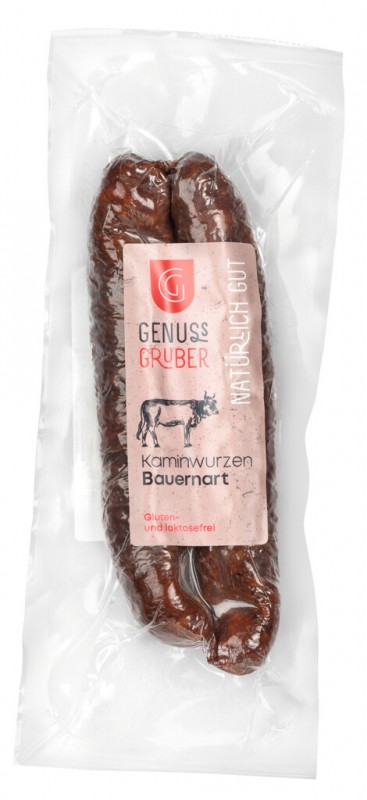 Kaminwurzen Bauernart, 2 Kaminwurzen made from meat from straw-fed pork + beef, Genuss Gruber - 150 g - pack