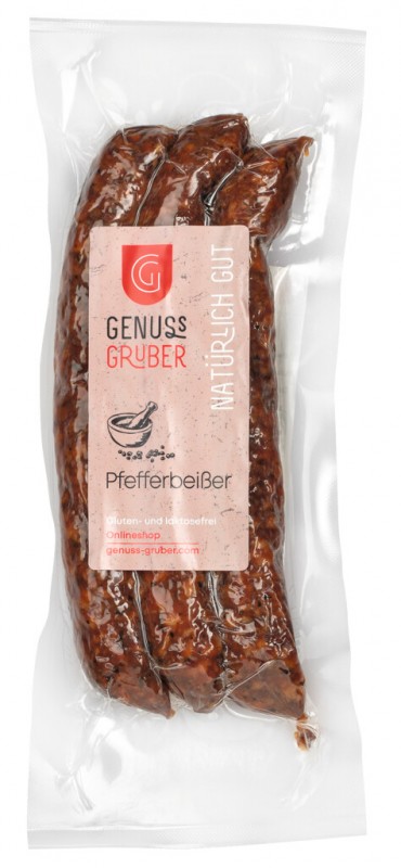 Pfefferbeißer, 3 Pfefferbeißer aus Fleisch vom Strohschwein, Genuss Gruber - 165 g - Packung