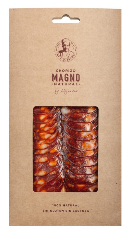 Lonchas Naturales de Chorizo Magno, secadas al aire. Salami de cerdo con pimientos, fiambre, Alejandro - 100g - embalar