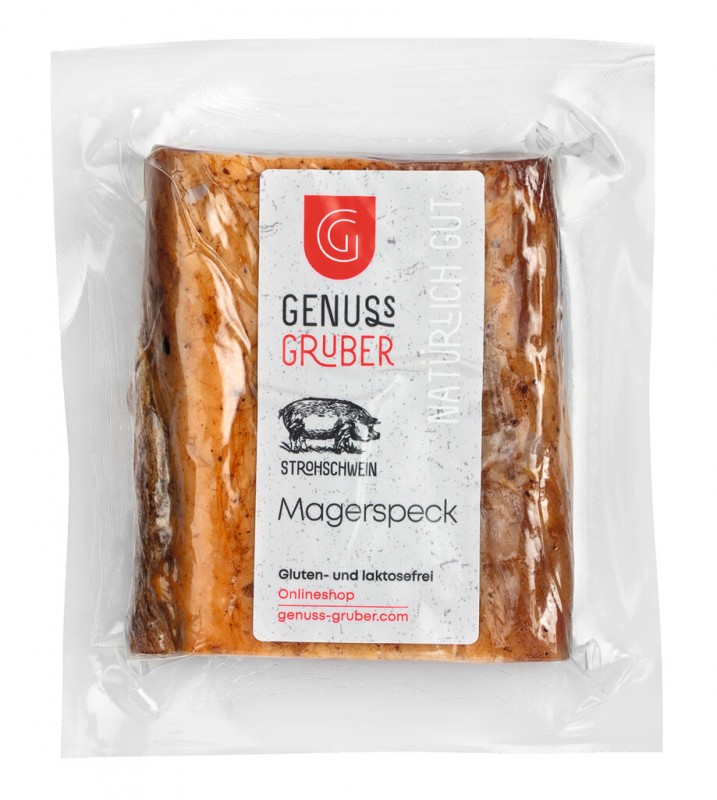 Mager spek van strovarken, mager spek van strovarken, gerookt, Genuss Gruber - ca. 350 gram - kg