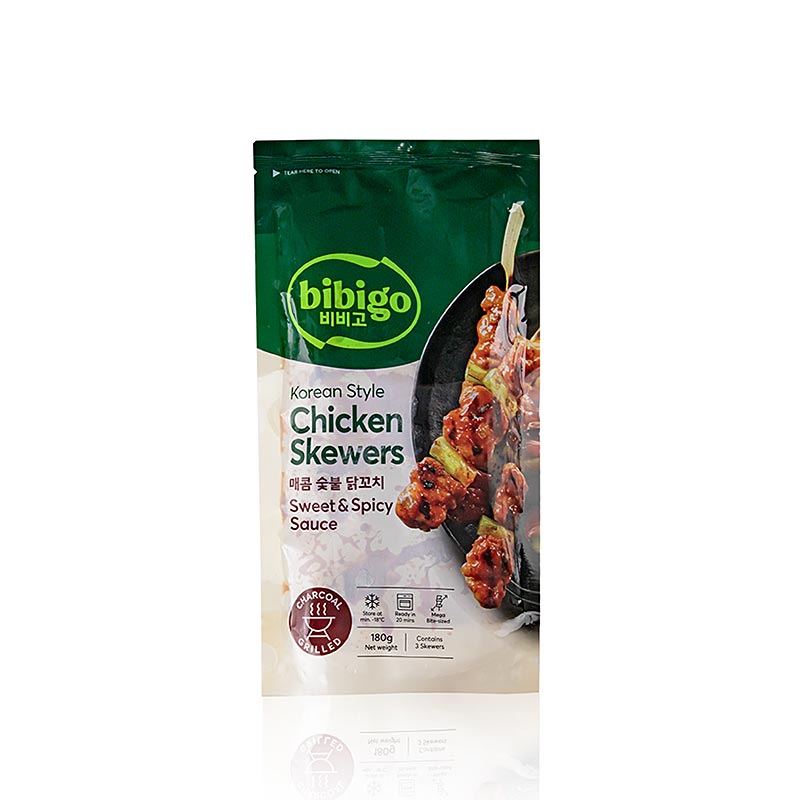 Brochetas de pollo al estilo coreano, salsa dulce y picante, Bibigo - 180 g, 3 piezas - bolsa