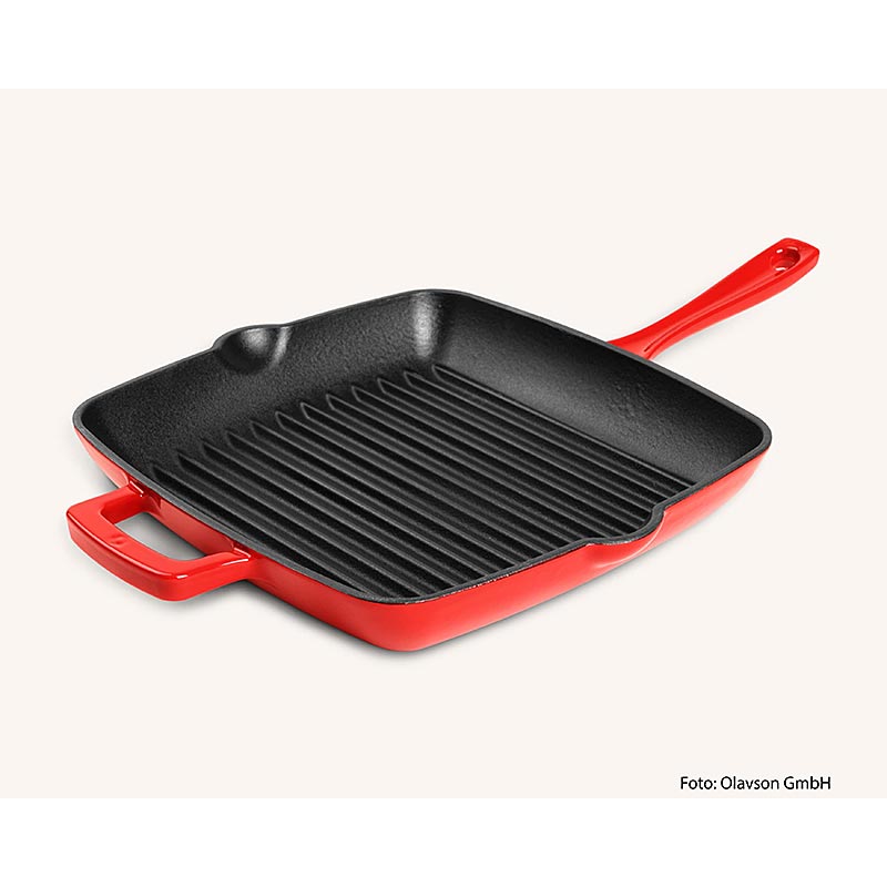 Poele a griller Olavson rouge, en fonte, emaillee, 24 cm, pour tous types de feux - 1 piece - Carton