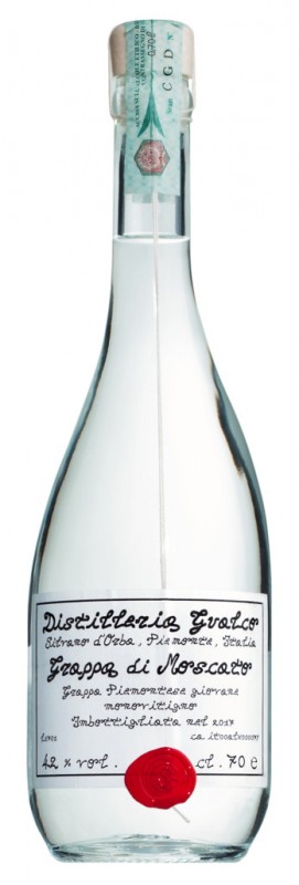 Grappa di Moscato, Moscaton puristemassasta valmistettu grappa, Distilleria Gualco - 0,7 l - Pullo