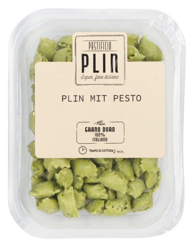 Ravioli Plin al Pesto, Fresh egg pasta with ricotta and basil pesto, Pastificio Plin - 250 g - pack