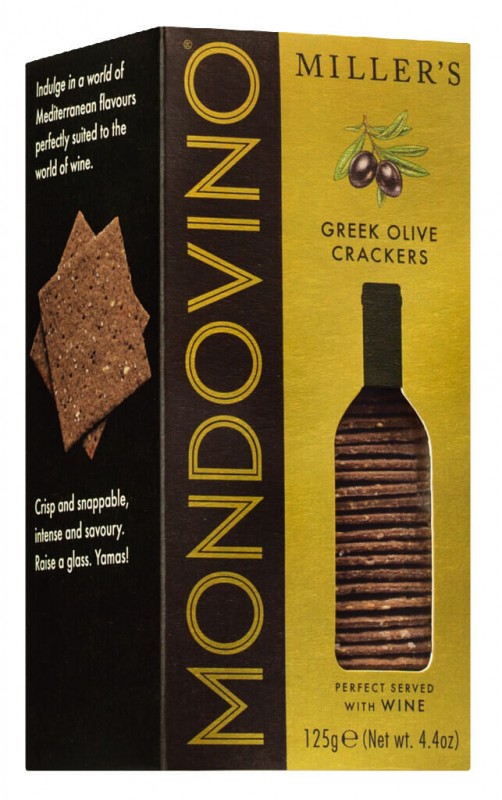 Mondovino Crackers, Greek Olive, Black Olive Crackers, Artisan Biscuits - 125g - pack