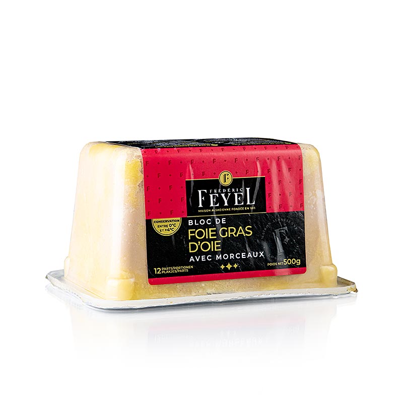 Gänsestopfleberblock, Foie Gras, mit Stücken, Feyel - 500 g - Pe-schale