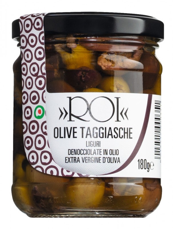 Olive Taggiasche sott`olio, zaitun dalam minyak zaitun, tanpa batu, Olio Roi - 180g - kaca