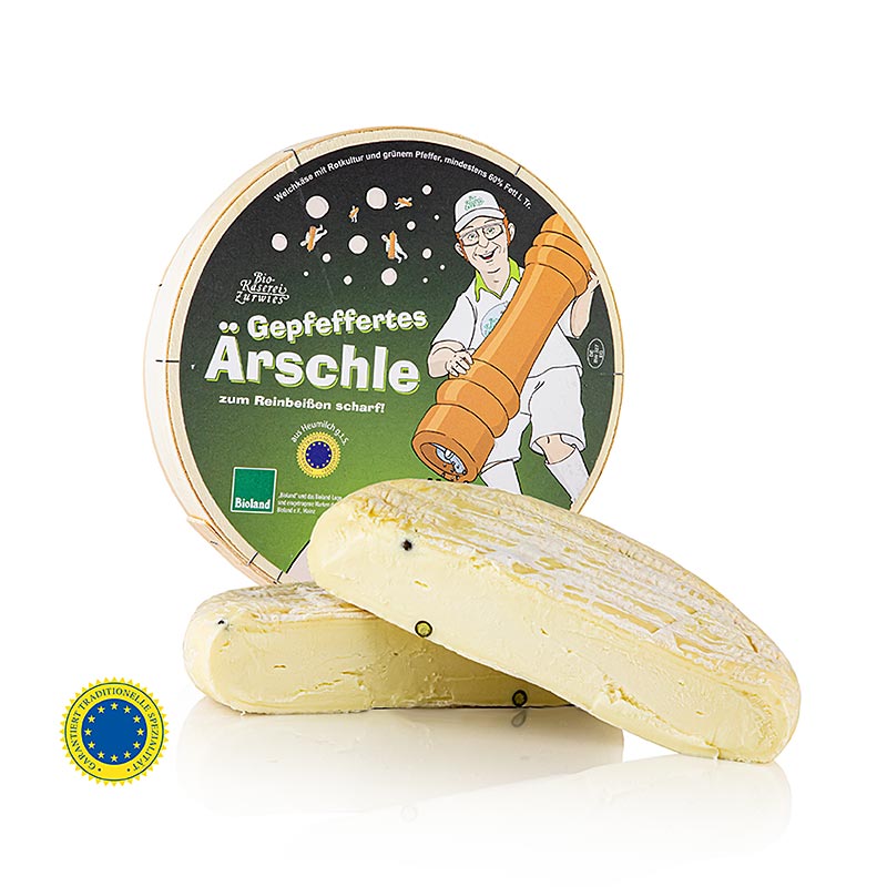 Gepfeffertes Ärschle, Weichkäse mit Pfeffer, ganzer Laib, BIO - ca.750 g - Holzkiste