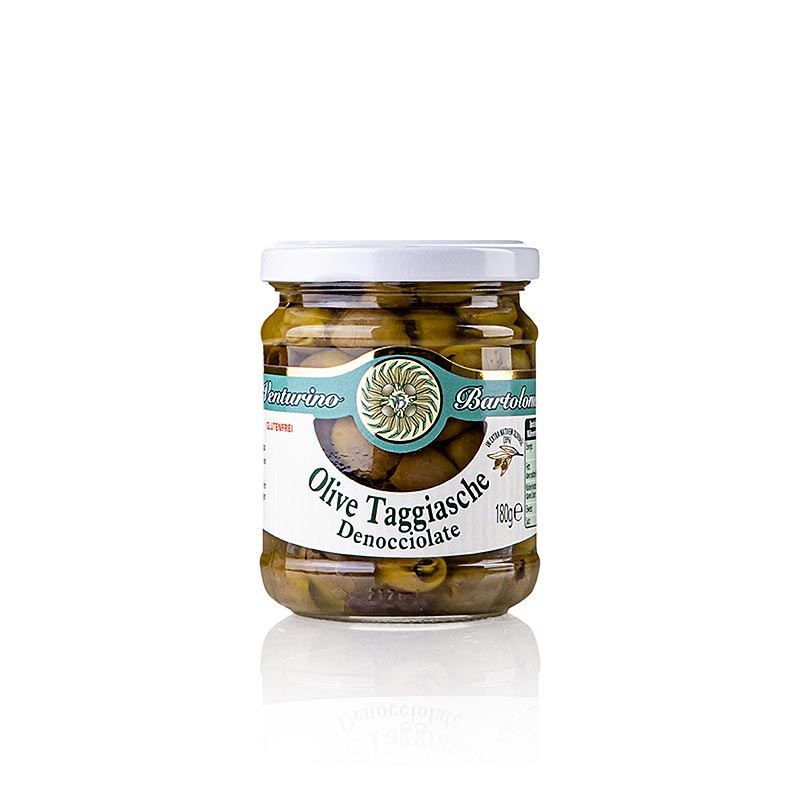 Mélange d`olives, olives vertes et noires Taggiasca, sans graines, dans l`huile, Venturino - 180g - verre