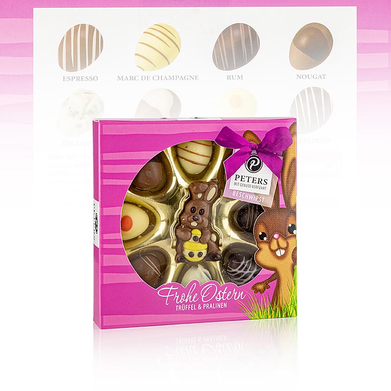 Praline de Pascua feliz + Figura en relieve, con alcohol, Peters - 110 gramos - caja