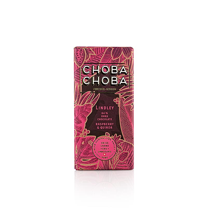 Cioccolato fondente 64% Raspberry Crisp, tavoletta di cioccolato amaro, ChobaChoba, BIOLOGICO - 91 grammi - Carta