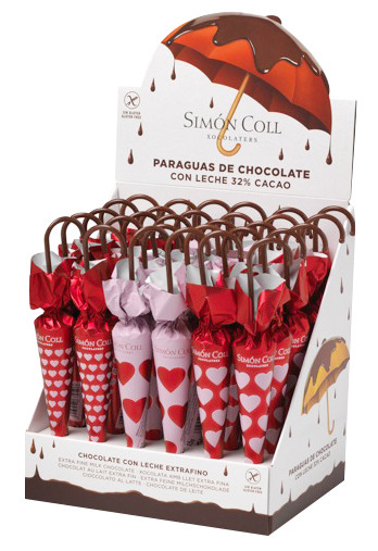 Sombrilla Hearts, presentoir, parapluies en chocolat, presentoir, Simon Coll - 30x35g - afficher