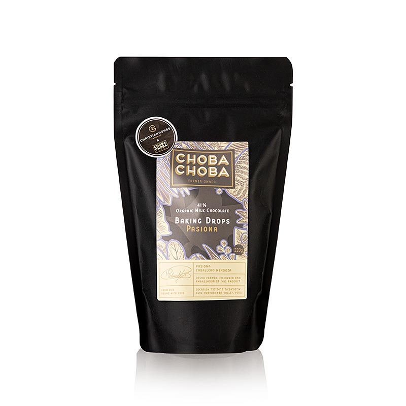 Pasiona, cobertura amb llet 41%, Baking Drops, Choba Choba, Ecologica - 220 g - bossa